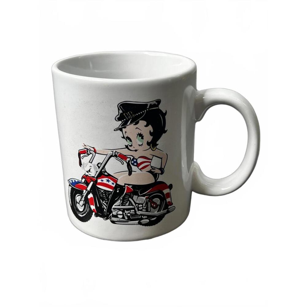 NJ Croce Betty Boop Ceramic Mug White Patriotic Motorcycle 2003 NIB